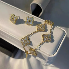 Gold Diamond Clover Bracelet and Earrings