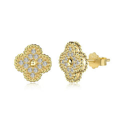 Gold Clover earrings with diamond-like stones on a white background