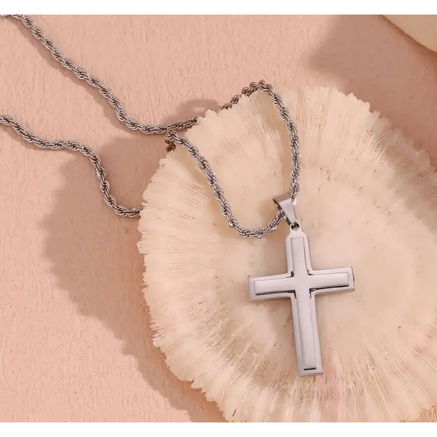 Silver Double Cross Necklace - Cross