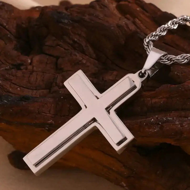 Silver Double Cross Necklace - Cross